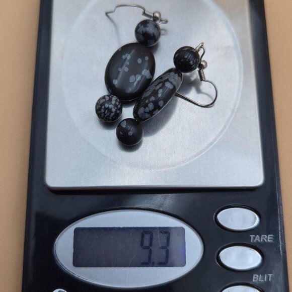 Silver Plated Over Copper Snowflake Obsidian Stone Vintage Earrings A5983 - Picture 5 of 5